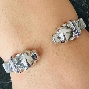 925 Sterling Silver Tiger Head Men’s Cuff Bracelet with Sapphire and Garnet, Handmade Panther Bangle, Luxury Animal Jewelry Gift