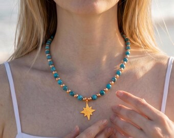 Pure Copper Necklace, Turquoise Stone Jewelry, Copper North Star Pendant with Tree Bark Pattern, Hematite Stone Necklace, Gift for Women