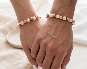 Genuine Copper Bracelet, 8mm, Energy Jewelry with Opal and Hematite Stones, Unisex Gift for Both Men and Women