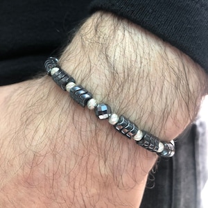 Handmade Men&#39;s Hematite Bracelet, Adjustable Boho Cuff, Perfect Birthday Gift, Stylish Men&#39;s Silver Jewelry, Boyfriend and Groomsman Gift