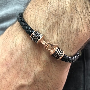 Specially Designed Sapphire Stone Silver Leather Cord Men&#39;s Bracelet, Handcrafted Hook Clasp Bracelet, Father Day Gift, Surprise Gift