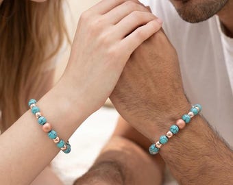 Turquoise Stone Bracelet Copper Hematite Stretch Bracelet Unisex Handmade Everyday Jewelry Gift