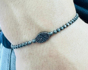 Sterling Silver Dorika Bead Bracelet: Black Zircon Stone, Handmade Italian Style
