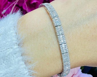 Baguette Tennis Bracelet Silver 925 Gold Plated Cubic Zirconia Statement Jewelry, Dainty Bracelet, Gift For Her