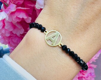 Personalized Initial Bracelet, 925 Silver 14K Gold Plated Black Crystal Beaded Unisex Bracelet, Adjustable Cord Gift for Her & Him
