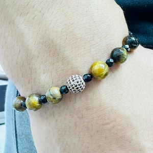 Silver Men Bracelet with Tiger&#39;s Eye Stone, Men&#39;s Fashion Energy Jewelry, Hematite Bracelet, Handmade Silver and Gemstone Jewelry for Men