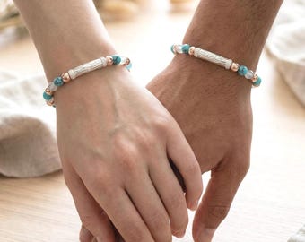 Stunning Turquoise Opal Bracelet, Unique Women's and Men's Bracelet, Flexible Silver Center Beaded Showy Jewelry, Handmade Gift