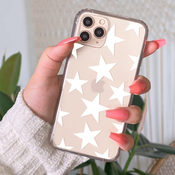 White Stars Phone Case For iPhone 15 14 13 Pro Max 12 Mini 11 XR 7 8 Samsung Galaxy S24 S23 S22 Clear Phone Cover