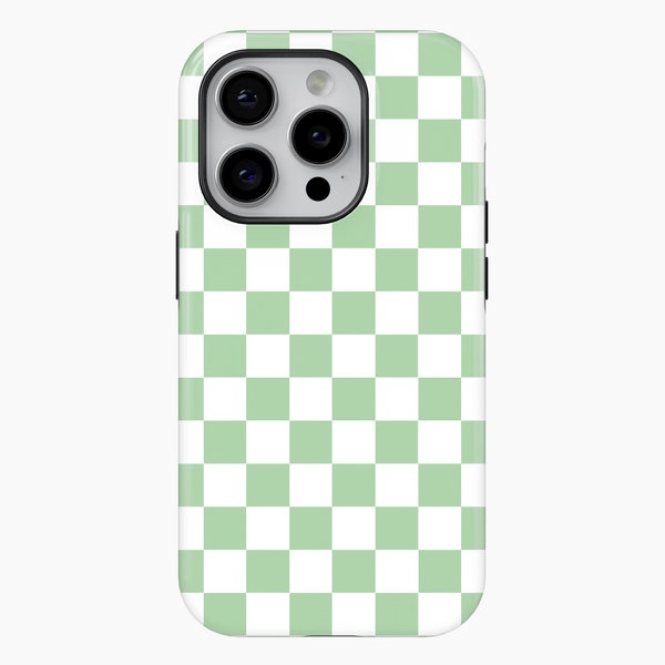 Green Checkered Phone Case For iPhone 15 14 13 Pro Max 12 Mini 11 XR 7 8 Samsung Galaxy S24 S23 S22 Checkerboard Tough Phone Cover