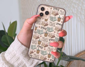 May include: Clear phone case with a repeating pattern of books, eyeglasses, coffee cups, and the text "Just one more chapter." The design is in shades of brown, beige, and green. The case is held in a person's hand.