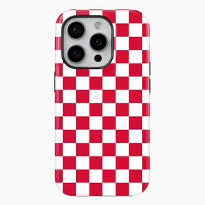 Cherry Red Checkered Phone Case For iPhone 15 14 13 Pro Max 12 Mini 11 XR 7 8 Samsung Galaxy S24 S23 S22 Checkerboard Tough Phone Cover