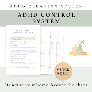 Puede incluir: Un diseño minimalista con el texto "ADHD Cleaning System" y "ADHD Control System". La imagen incluye una lista de verificación, ilustraciones de útiles de limpieza y la frase "Quick Reset". También está presente el texto "Estructura tu hogar. Reduce el caos".