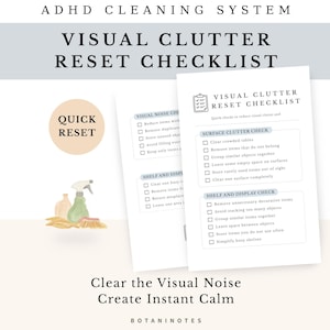 May include: A minimalist design featuring a "Visual Clutter Reset Checklist" with bullet points for decluttering. The image includes a spray bottle, a brush, and the text "Clear the Visual Noise Create Instant Calm."
