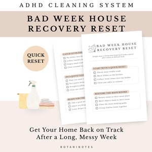May include: A printable guide titled "BAD WEEK HOUSE RECOVERY RESET" with cleaning checklists. The image includes a spray bottle, a towel, and a stack of folded towels. The text reads "ADHD CLEANING SYSTEM" and "Get Your Home Back on Track After a Long, Messy Week."