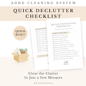 Puede incluir: Imagen en tonos beige con una "Quick Declutter Checklist" con viñetas y el texto "Remove These First". Una pequeña caja de cartón con objetos se encuentra cerca de la lista de verificación. También se ve el texto "ADHD Cleaning System" y "Clear the Clutter In Just a Few Minutes".