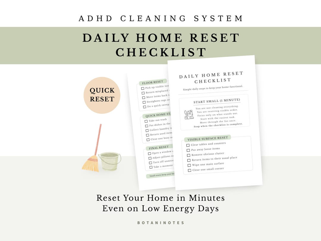 ADHD Daily Home Reset Checklist, Cleaning Checklist, Printable Daily