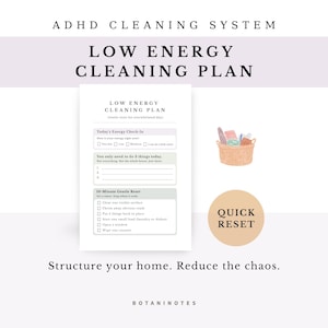 Lista kontrolna sprzątania dla osób z ADHD na dni o niskiej energii, przytłoczony dom, pomoc w sprzątaniu dla osób z dysfunkcją kierowniczą, wydruk do sprzątania domu z ADHD