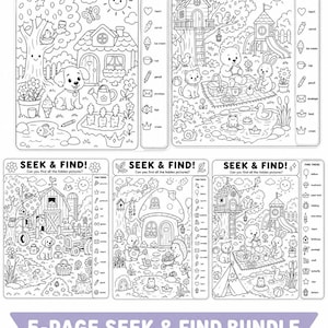 May include: A 5-page bundle of black and white activity sheets titled SEEK & FIND. Each page features detailed line art illustrations of outdoor scenes with hidden objects to locate, accompanied by a checklist of items to find on the side.