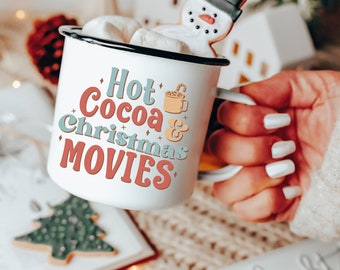 Hot Cocoa Enamel Mug, Personalized Enamel Mug, Christmas Movies Mug