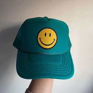 SMILEY FACE TRUCKER Hat | Teal Smiley Face Hat | Trendy Trucker Hat | Smiley Face Patch Hat