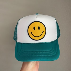 KIDS Smiley Face Trucker Hat | TEAL & WHITE | Smiley Face Patch Hat | Unisex Kids Hat