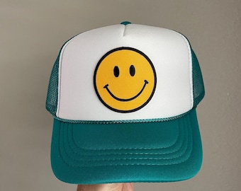 KIDS Smiley Face Trucker Hat | TEAL & WHITE | Smiley Face Patch Hat | Unisex Kids Hat