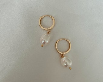 Pearl Huggies | Gold Filled Hoops