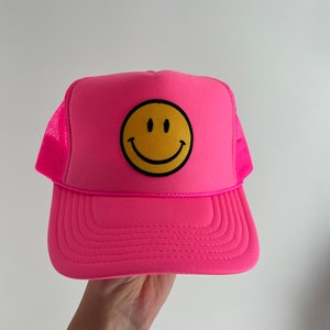 SMILEY FACE PATCH Trucker Hat | Neon Pink Trucker Hat | Smiley Patch Hat