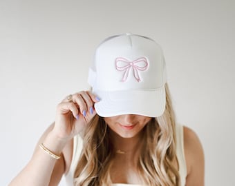 BOW Trucker Hat | White & Pink | Embroidered | Unisex  Fit Meshback Trucker Hat