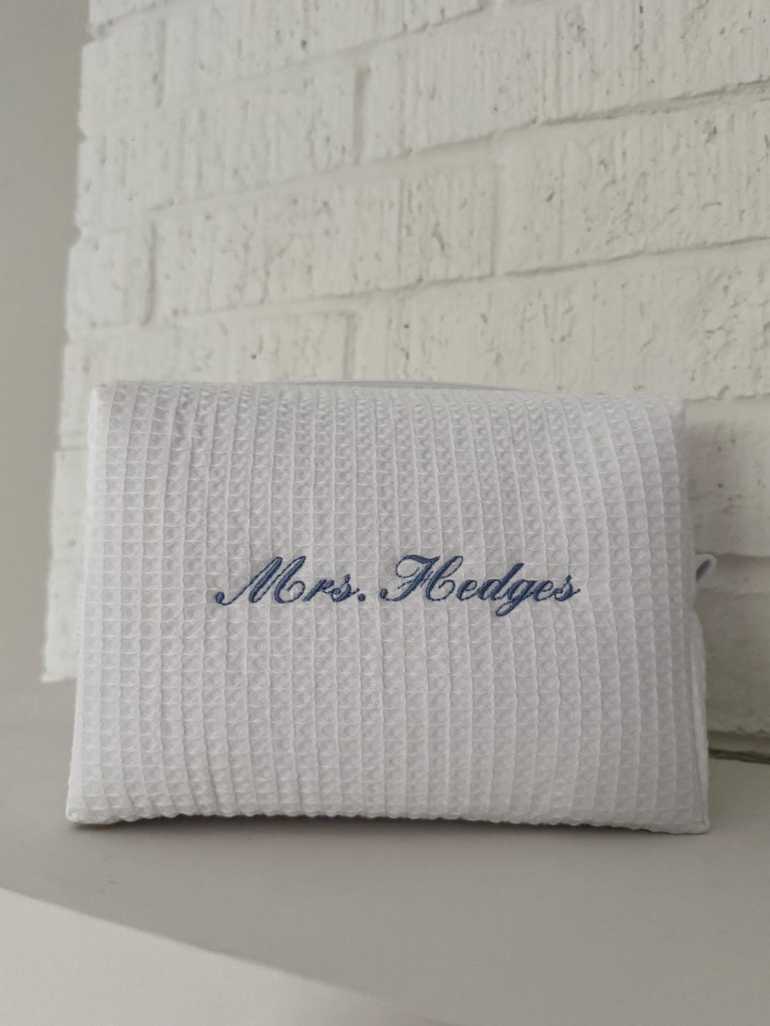 CUSTOM MRS WAFFLE Pouch | White | Embroidered Cosmetic Bag | Personalized