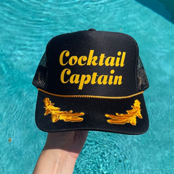 Cocktail Captain Trucker Hat | Black & Gold Captain Hat | Unisex Trucker hat