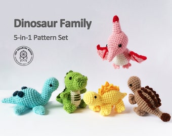 Dinosaur Family 5-in-1 Pattern Set (PDF) Dinosaurs Amigurumi Pattern Bundle, T-rex, Ankylosaurus, Stegosaurus, Plesiosaurus, Pterodactyl