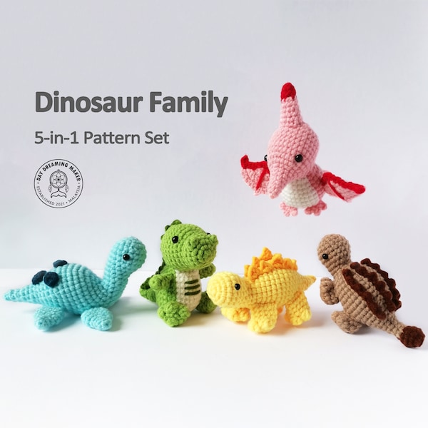Dinosaur Family 5-in-1 Pattern Set (PDF) Dinosaurs Amigurumi Pattern Bundle, T-rex, Ankylosaurus, Stegosaurus, Plesiosaurus, Pterodactyl