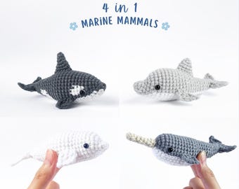 Pacote de padrões de crochê de criaturas marinhas: golfinho, beluga, narval, orca (PDF)