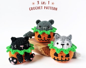 Halloween Amigurumi Pattern Bundle: Pumpkin Cat, Bat, Wolf (PDF)