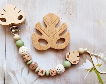 Personalized monstera pacifier clip, or all