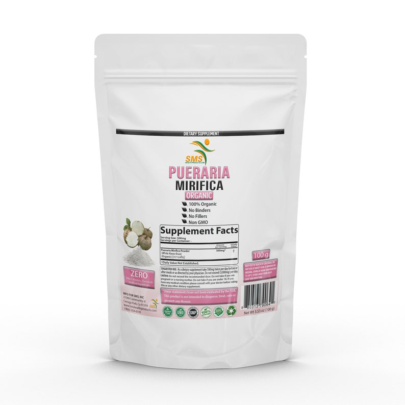 Pueraria Mirifica Organic White Kwao Krua Root Powder Organic Farmed Imported From Thailand Packaged In USA Pharmaceutical Grade 100 g