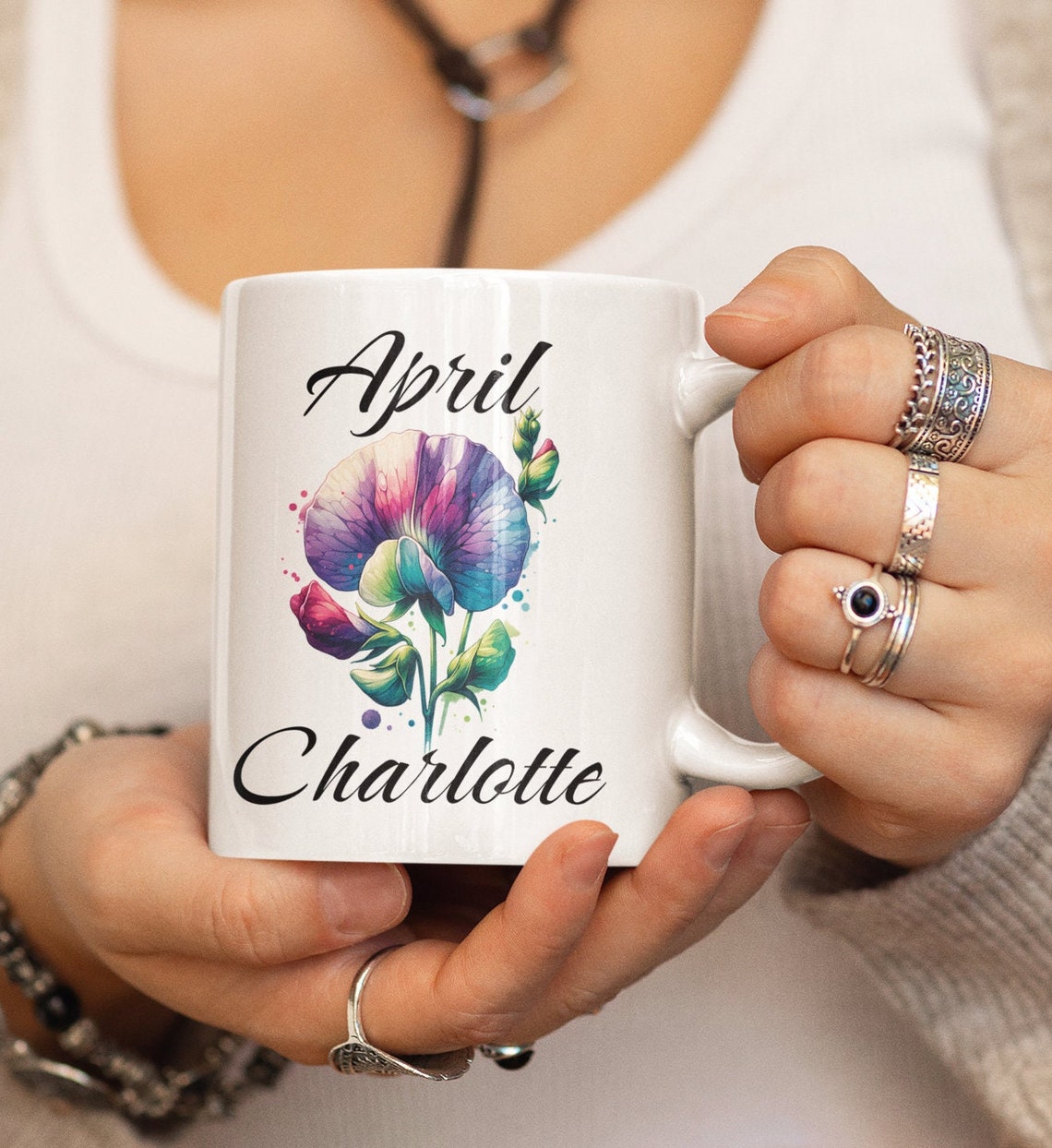 Custom April Birth Month Flower Coffee Mug Sweet Pea Tea Cup 11 & 15 Oz ...