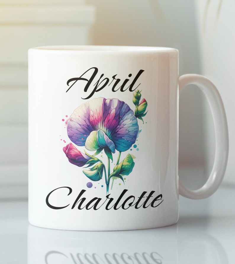 Custom April Birth Month Flower Coffee Mug Sweet Pea Tea Cup 11 & 15 Oz ...