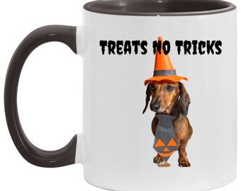 Halloween Dachshund Mug, Treats No Tricks Coffee Mug