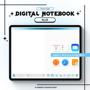 May include: A digital notebook on a tablet with the text "DIGITAL NOTEBOOK BLUE". The screen displays a grid layout with calendar and app icons. The text "Apple's Shortcut Integration" is also visible.