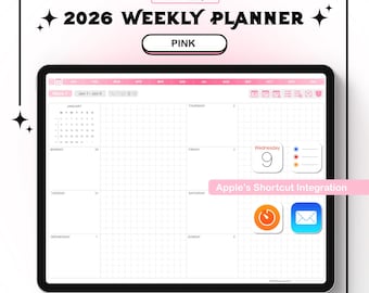 Planificador semanal digital rosa 2026 con integración de Apple Calendar para iPad
