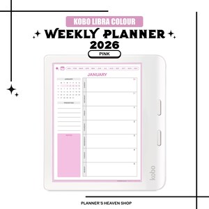 Puede incluir: Un lector electrónico Kobo Libra Colour blanco que muestra un planificador semanal rosa para 2026. El planificador muestra el mes de enero con espacio para notas y prioridades. El texto en la imagen dice "Weekly Planner 2026 Pink."