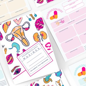 May include: A collection of pharmacology study notebooks and worksheets. The notebooks feature colorful illustrations of human anatomy and the text "Pharmacology Musings". The worksheets have sections for medication information and nursing assessments.