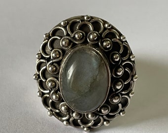 Vintage Sterling Labradorite Detailed Chunky Ring SZ 8