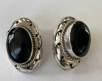 Vintage Sterling Black Onyx Clipback Earrings
