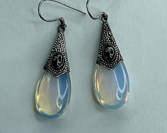 Vintage Sterling Boho Style Opal Glass Drop Earrings