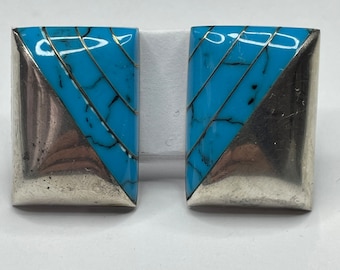 Vintage Mexican Sterling Silver Turquoise Clip On Earrings