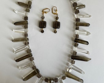 Set di orecchini con collana in quarzo fumé autentico vintage in oro 14 carati e quarzo trasparente