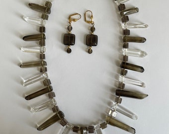 Vintage 14K Gold Filled Genuine Smokey Quartz & Clear Quartz Necklace Earring Set